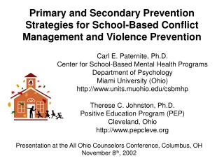  Essential and Secondary Prevention Strategies for School-Based Conflict Management and Violence Prevention 