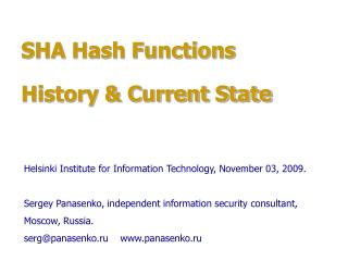  SHA Hash Functions History Current State 