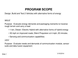  PROGRAM SCOPE Design, Build and Test 2 Vehicles with option types of vitality MULE Purpose: Evaluate vitality requests 