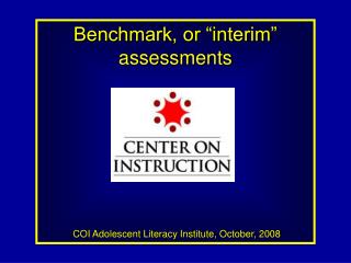  Benchmark, or interval evaluations COI Adolescent Literacy Institute, October, 2008 